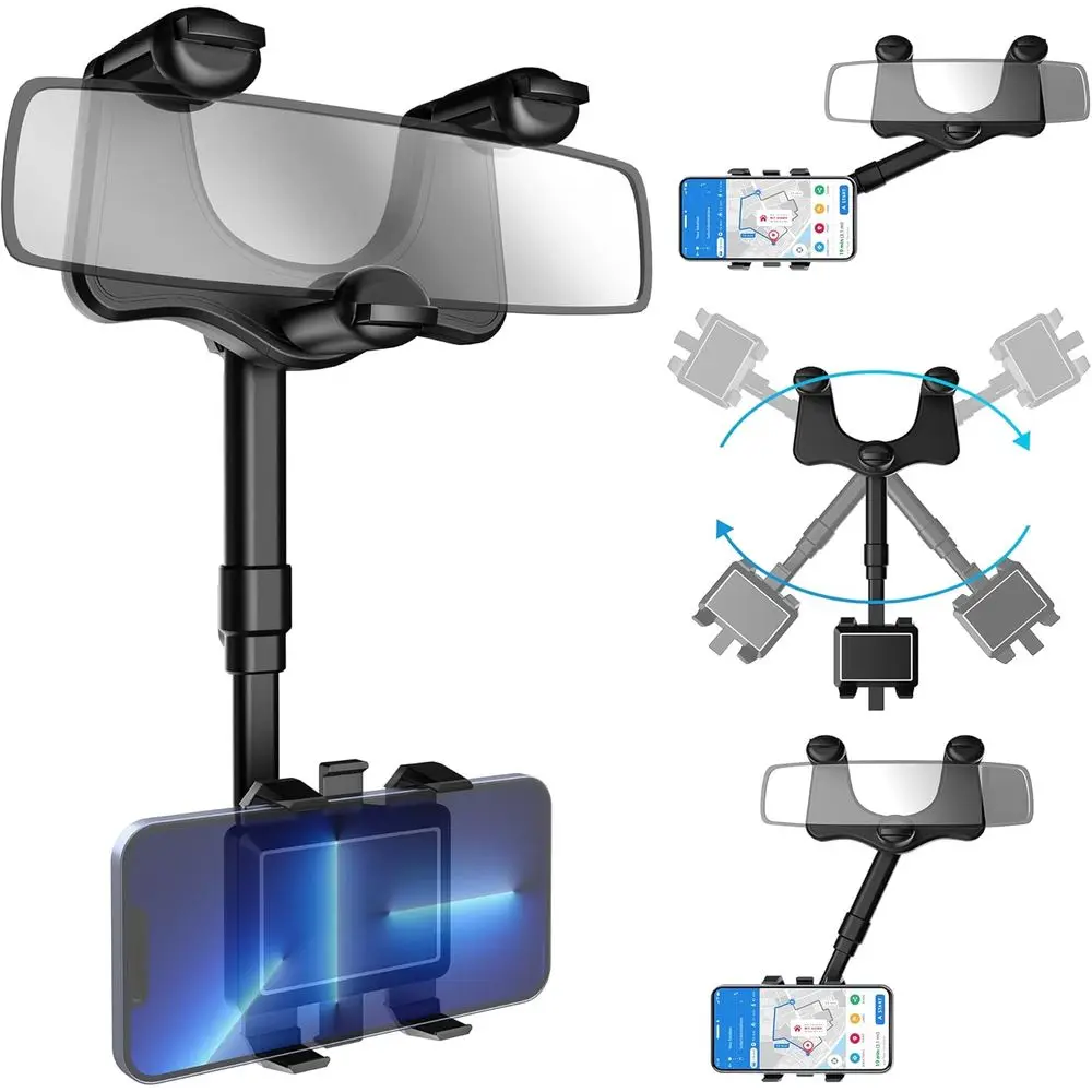 Rotatable Retractable Universal Rear View Mirror Car Phone Holder Fit iPhone 11-14 Pro Max Samsung All Cell Phones