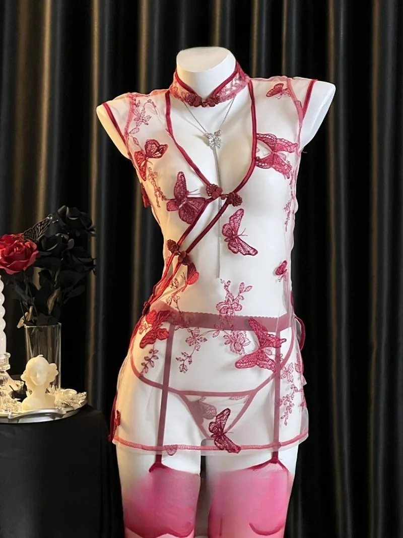 

Seductive Butterfly Embroidery Chinese Style Cheongsam,Women's High-End Romantic Pajama for Couples,Fun Emotional Date Lingerie