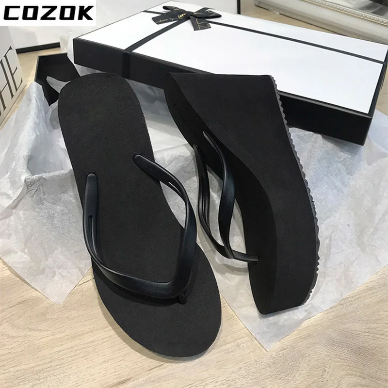 2022 Women Wedges Slippers High Heels Solid Ladies Slides Flip Flops Bathroom Female Shoes Casual Solft  Slip On Summer New