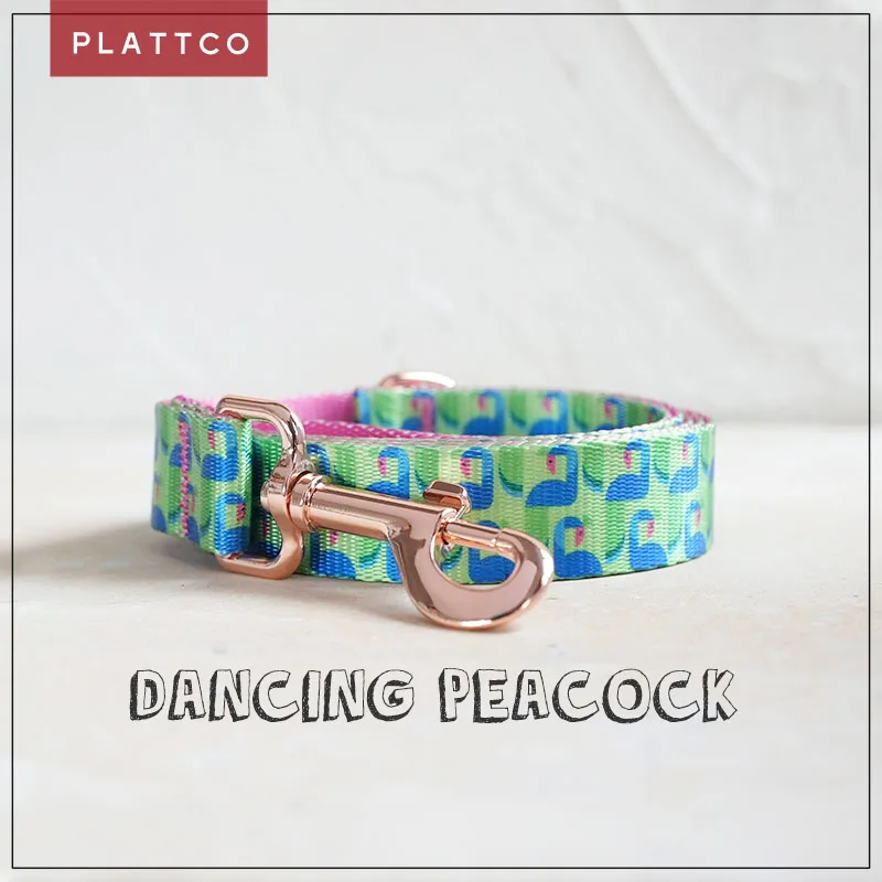 PLATTCO unique design dog leash print DANCING PEACOCK pattern with high-quality rose gold buckle 5 size PDL314RG