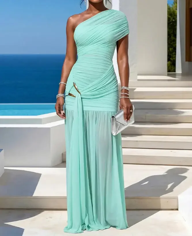 

2026 Women's Summer New Fashion Single Shoulder Ruffle Mesh Long Dress with Gold High Waist Slimming Evening Dress