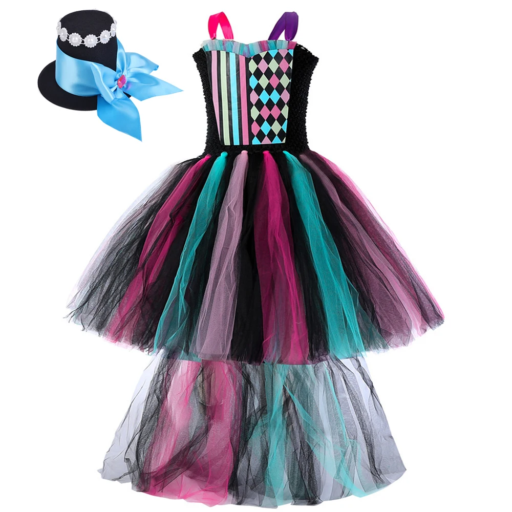 High Low Fantasy Tutu Dress for Girls Tea Party Gentleman Costume Kids Halloween Carnival Fancy Outfit with Mini Hat Hair Clip