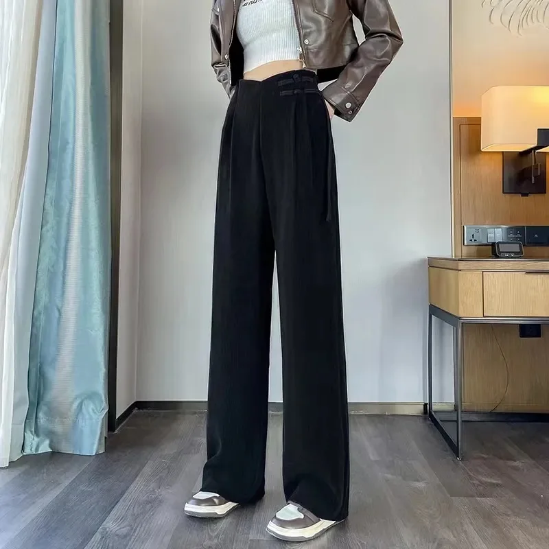 2026 Autumn and Winter New Chinese-style Buckle Velvet Wide-leg Pants Women's High-waisted Straight Casual Pants