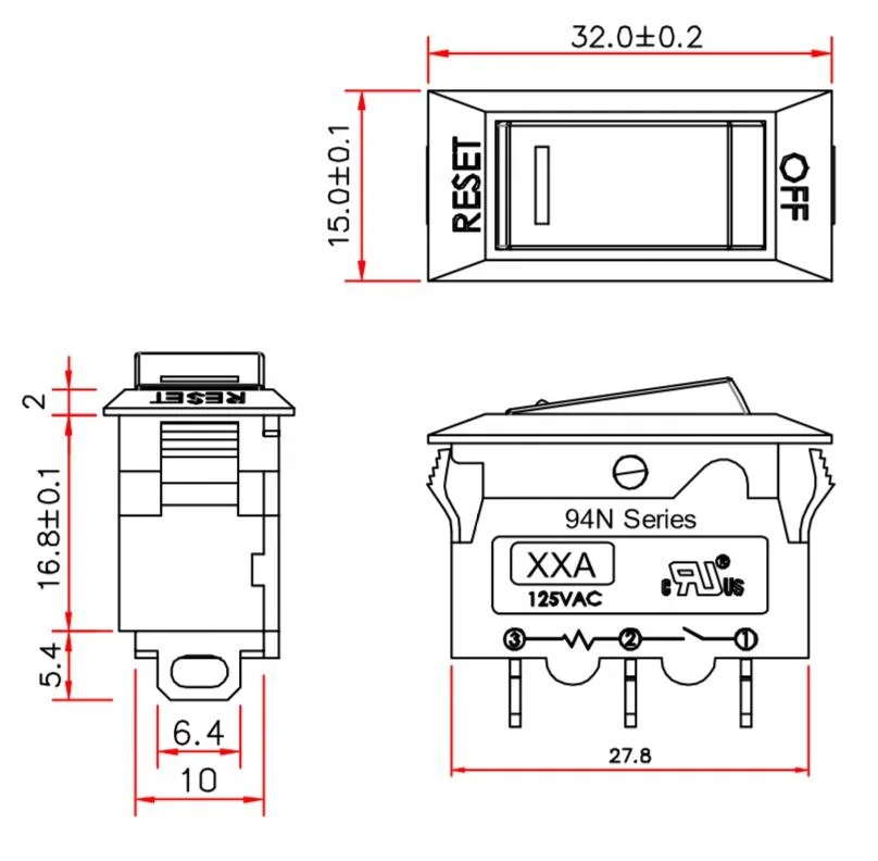 12A Thermal Overload Reset Push Rocker Switch Circuit Breaker