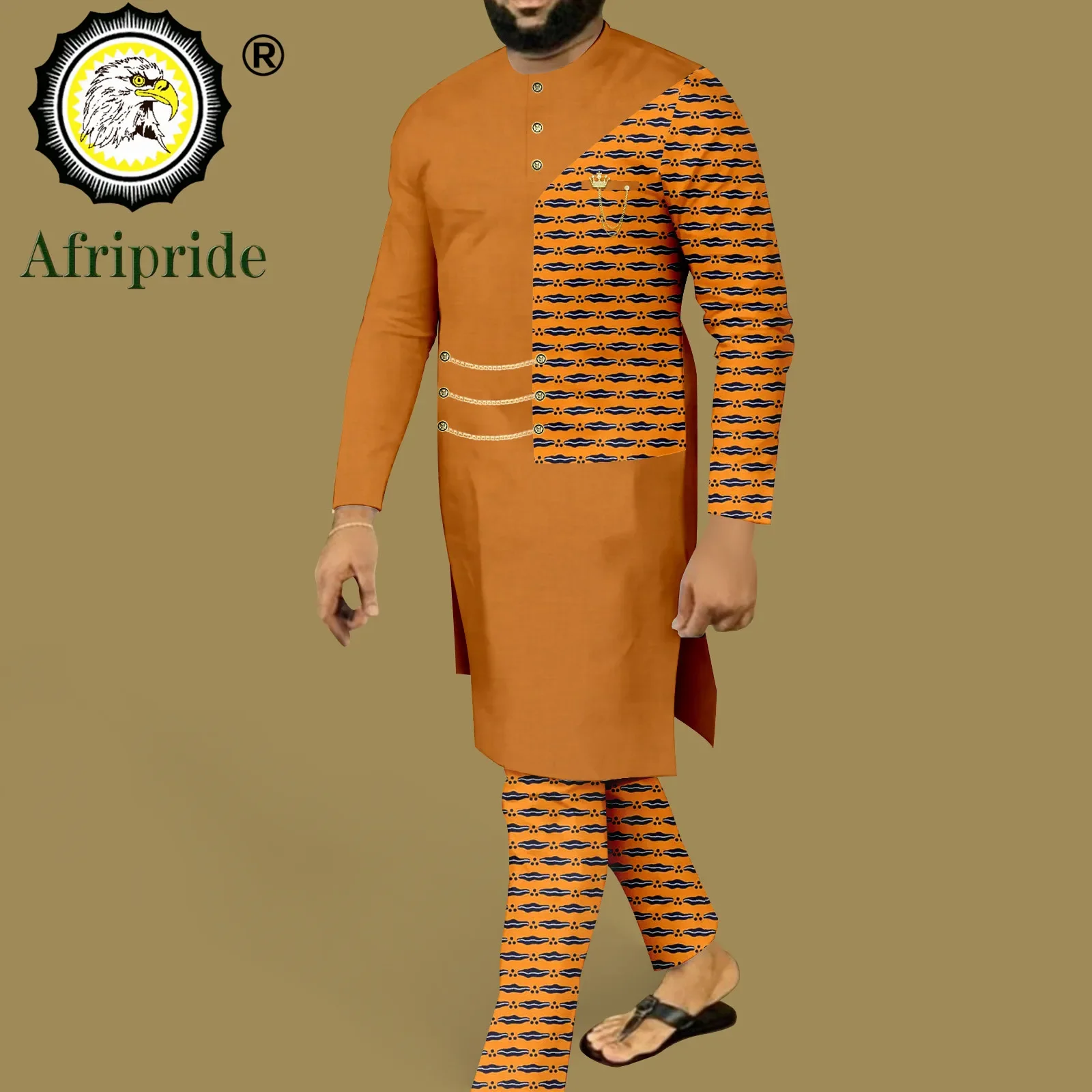 African Suits for Men Single Breasted Chain Long Shirts and Pant 2 Piece Set Print Outfits Dashiki Clothes for Wedding A2316034