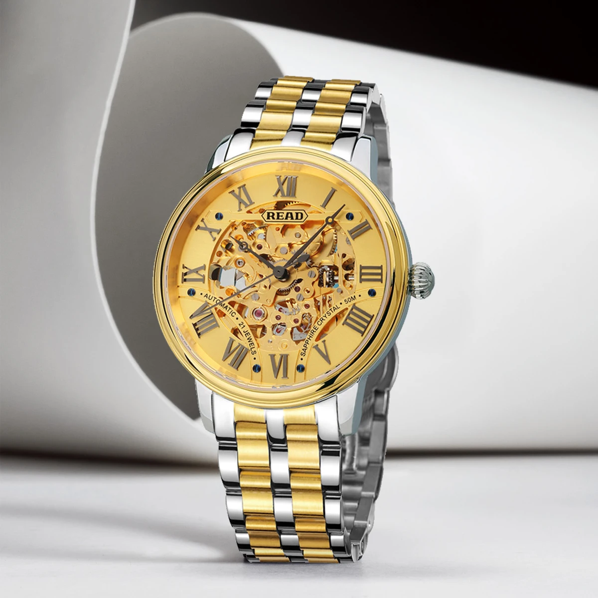 READ Men Automatic Watch | Two‑Tone Metal Bracelet | Hollow‑Out Roman Dial | Sapphire Crystal | 50M Daily Water Resistant