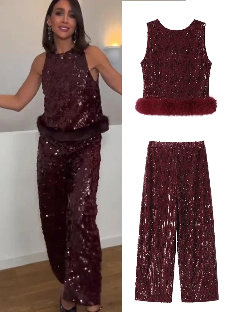 

Sequin Feather Vest 2 Pieces Set Women Elegant Sleeveless Backless Tops Straight Trousers 2026 Spring Party Evening Lady Suit