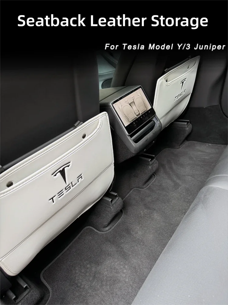 

Premium White Leather Seat Back Organizer&Side Guards for Tesla Model Y Juniper Highland 3, Custom Fit, Washable,Stylish protect