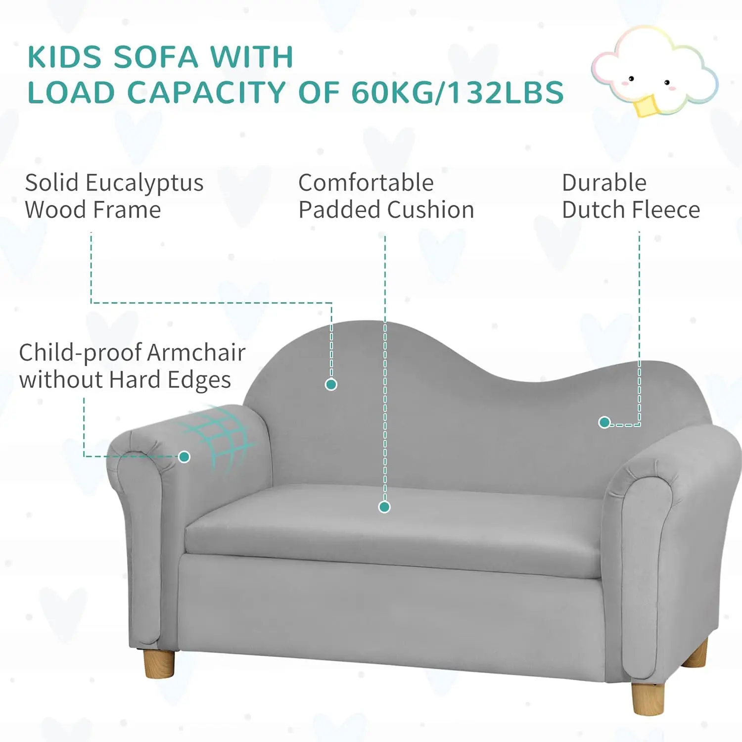 Sofa anak busa ergonomis dengan penyimpanan mainan dalam, Sofa anak-anak beludru dengan lengan lembut, furnitur Lounge anak-anak, abu-abu