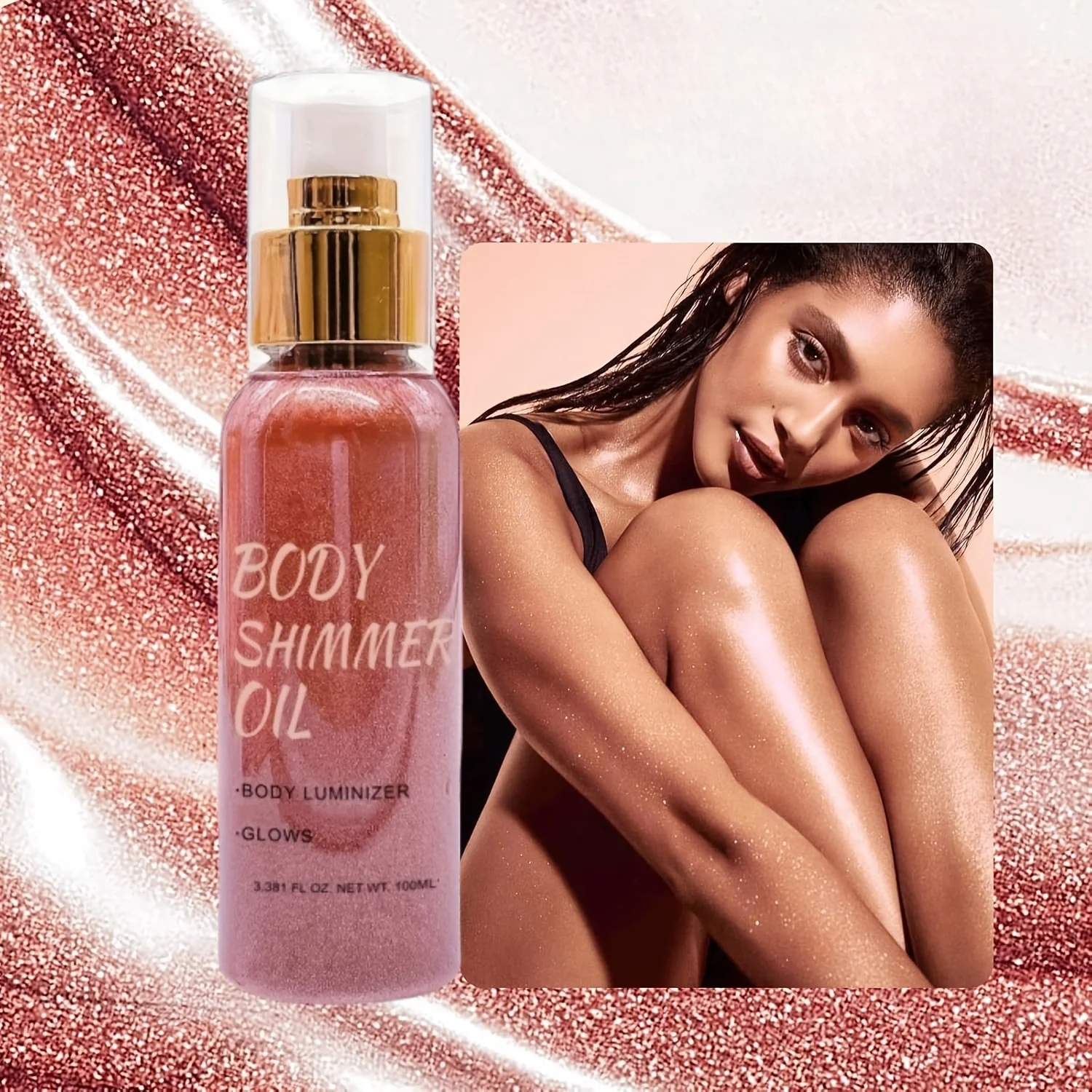100 مل/3.381 FL OZ، زيت لامع للجسم، مقاوم للماء ومرطب يدوم طويلاً، مضيئة للجسم باللون الذهبي الوردي للوجه والجسم