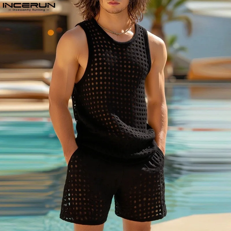 

INCERUN Men Sets Solid Color Mesh See Through Hollow Out Sleeveless Tank Tops & Shorts Two Pieces Sets Streetwear Men's Suits