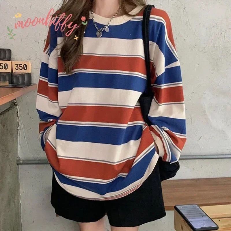 Sudadera con capucha a rayas de gran tamaño para mujer, jerséis Harajuku, moda coreana, Tops de manga larga a juego para parejas, ropa de calle de