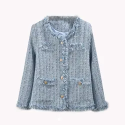 Women Elegant Long Sleeve Open Front Round Neck Fringed Plaid Tweed Jacket Korean Style Fashion Streetwear Mori Girl Coat