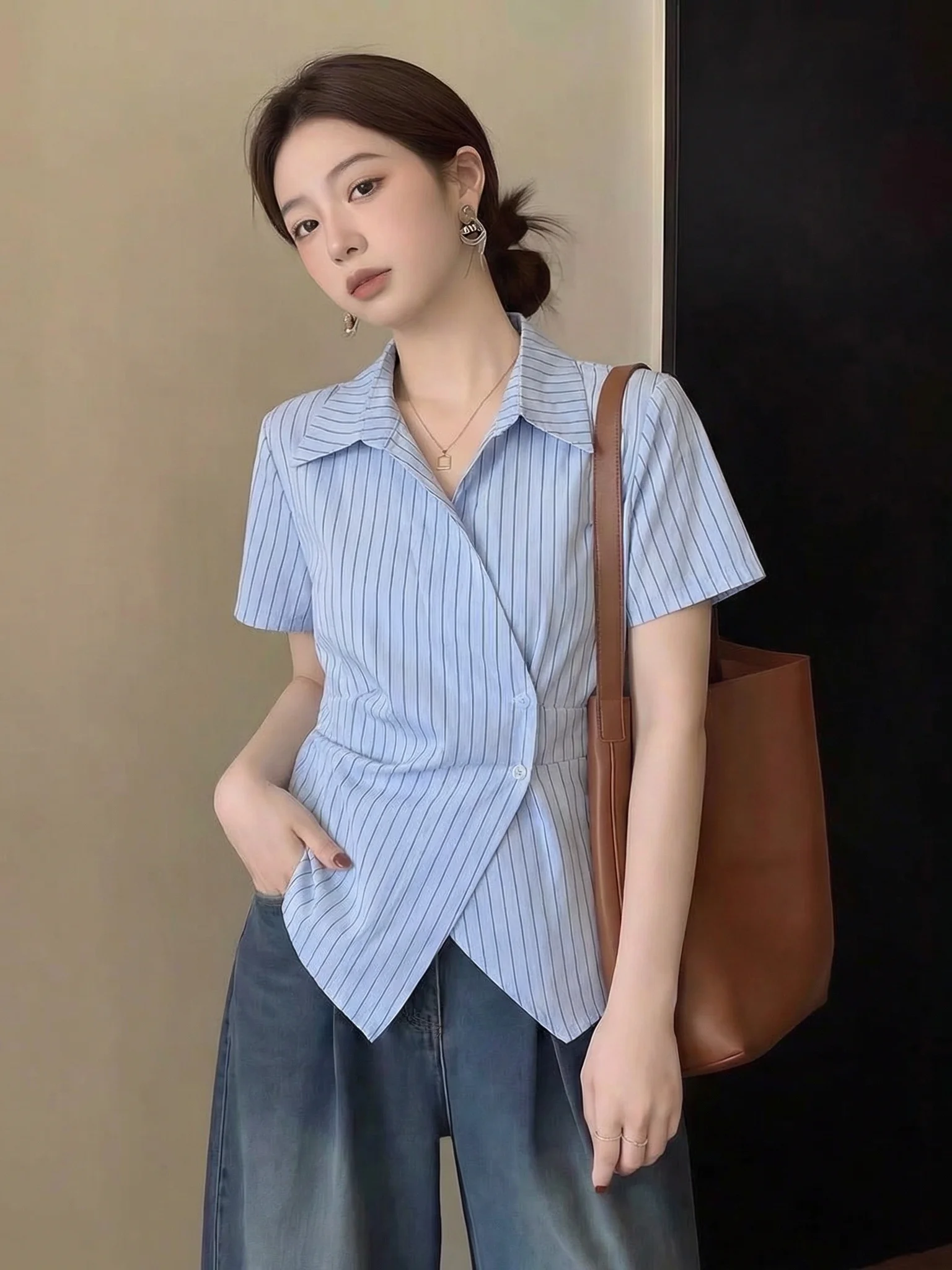

Light Blue Striped V-Neck Short Sleeve Shirt Women's plus Size Irregular Korean Style Commute Fashion Spring Summer New Arrival