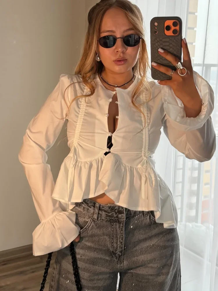 Solid Pleated Short Shirt Women Single Breasted Lantern Sleeves Ruffle Irregular Hem Drawstring Cropped Blouse Versatile Top