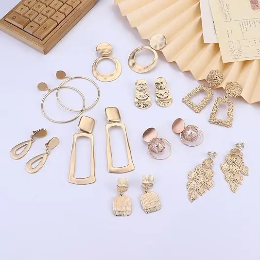 Clip-Ohrringe für Damen, große geometrische quadratische, rechteckige, runde Clip-Hängeohrringe, nicht durchbohrte Ohrringe, Set – Detail 5