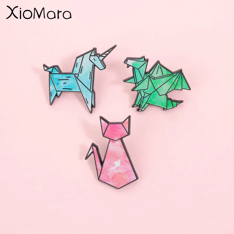 Unicorn Dragon Cat Enamel Pin Cute Origami Animal Brooch Lapel Badges Backpack Accessories Gifts for Friends
