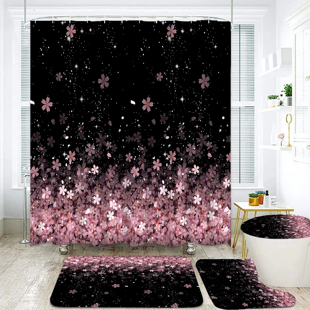 Flowers Bathroom Shower Curtain Set Waterproof Polyester Flower Bath Curtains Non-Slip Bath Mat Rugs Carpet Toilet Cover Decor