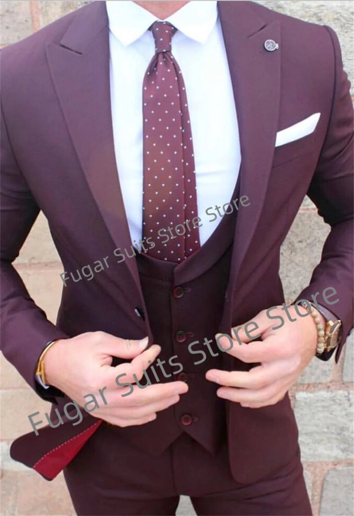 

Luxuly Burgundy Red Wedding Men Suits Slim Fit Peak Lapel Groom Formal Tuxedos 3 Pieces Sets Business Male Blazer Costume Homme