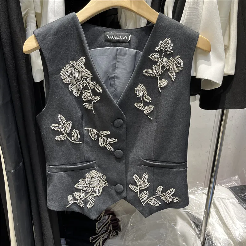 Fashionable Grey V-Neck Women's Vest Jacket Autumn Season Heavy Embellishment Luxury Top Polyester Spandex Non-Iron Treatment