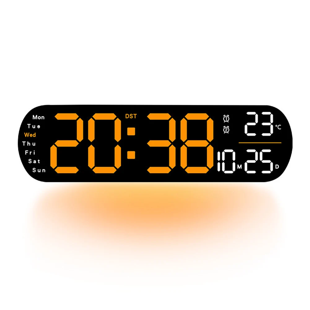 Digital Wall Clock LED Alarm Clock With Large Display Remote Control 9 Colored Ambient Lights Brightness Adjustable Clock