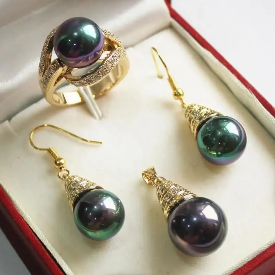 

noble new jewelry purple 18KGP + 12mm shell pearl pendant, earring, , ring set