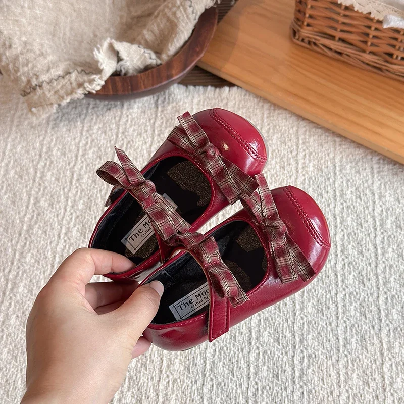 Kids Plaid Bow Flat Shoes Spring Autumn Round-toe Girls Leather Shoes Causal Walking Non-slip Children School Mary Jane Shoes