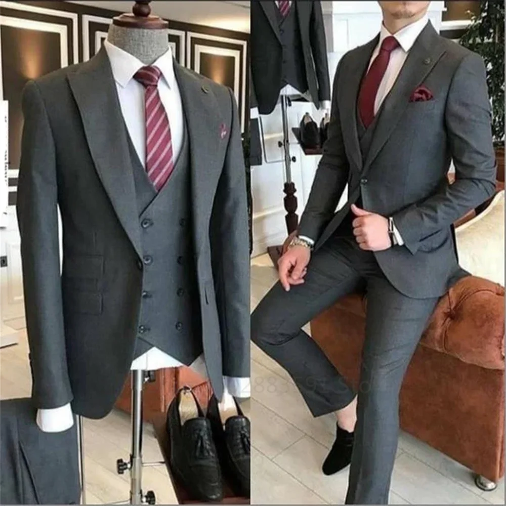 Groom Wear 3 Pieces Green Men Suits 2023 Slim Fit Peak Lapel One Button Wedding Tuxedo Terno Masculino (Jacket+Pants+Vest）