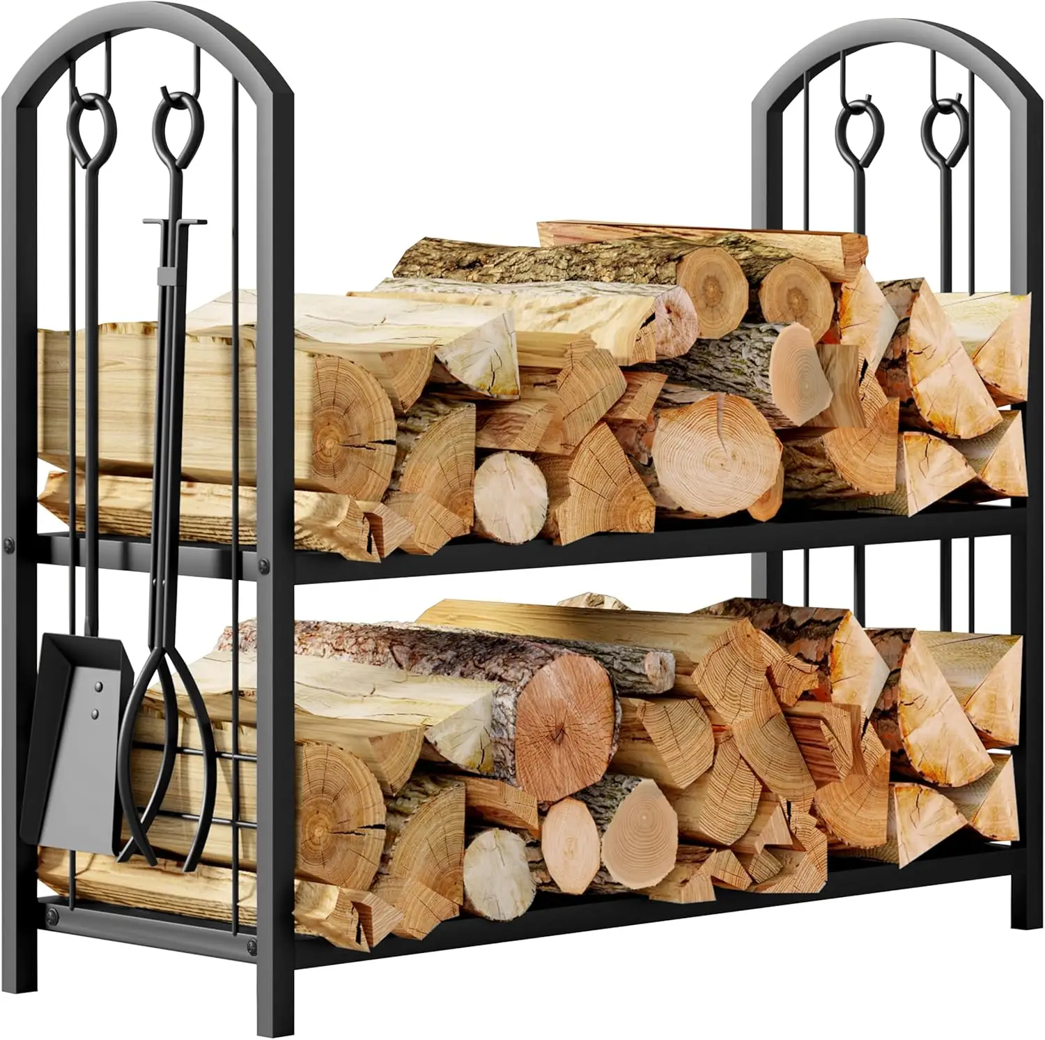 

5-Piece Fireplace Log Rack with Tools Set, Black Wood Storage Holder for Fireside Stacking