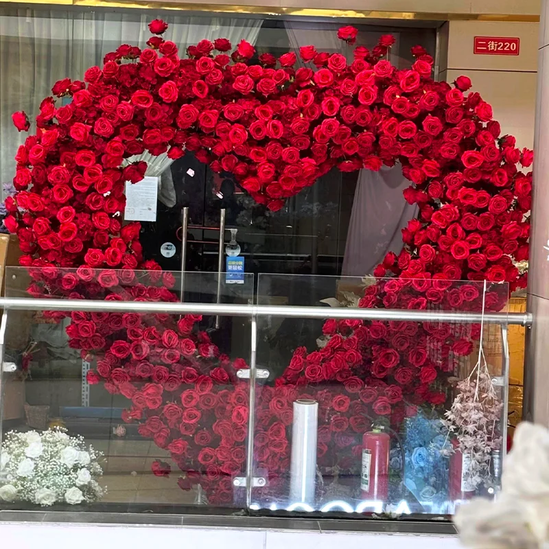 5D-Outdoor-Hochzeitsdekoration in Rosa, luxuriöser Hintergrund, Rosen- und Hortensien-Blumenarrangement, herzförmiger Rahmen, Bogen, Fensterdekoration, Requisiten – Detail 1