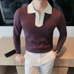 Trend Fashion Spring Autumn New Sweaters Men's Lapel Half Zipper Contrast Color Casual Loose Long Sleeve Pullovers Knitted Tops