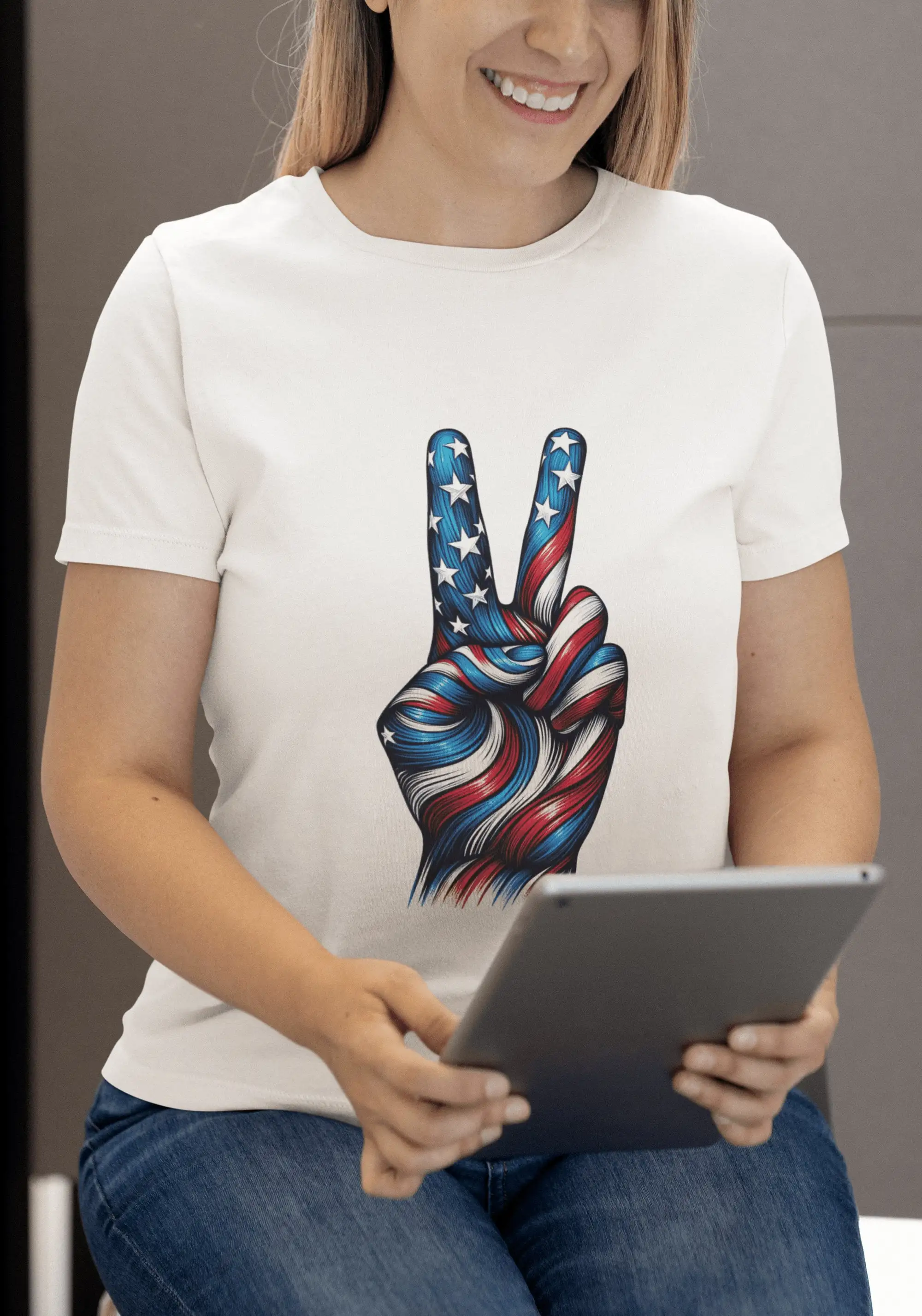 Patriotic Peace Sign Hand T Shirt American Flag Stars Stripes Independence Day Apparel USA Themed Comfort Wear