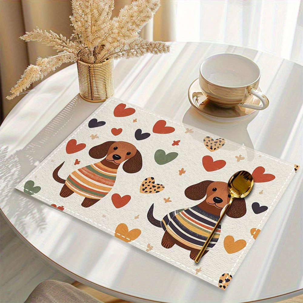 1pc Two Dachshunds Pattern Placemats Polyester Heat-Resistant Rectangular Table Mats With Colorful Heart 30x40cm
