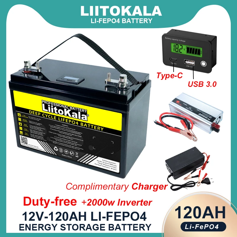 LiitoKala 12.8V 120AH LiFePO4 Battery USB 3.0 Type-C 12v Lithium 4000 Cycles for Inverter Car lighter 14.6V Charger duty-free