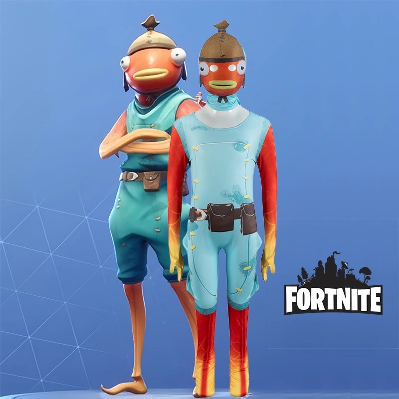

New Popular Game Fort Skin Outfit Fishstick Fish Cosplay Jumpsuit 110-160cm Costume Carnival Halloween Roleplay Clothes