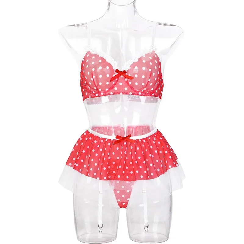 Toucheart Sexy Lingerie Suit for Women Polka Dot Contrast Color Mesh Cloth Cute Puff Mesh Skirt Hem Sexy Underwear 5 Pieces Set