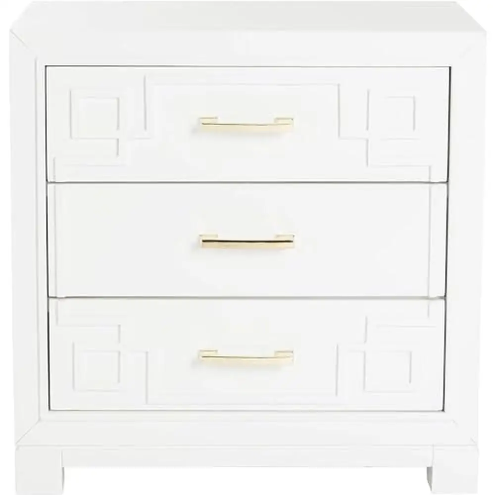 Wood Nightstand 3-Drawer Greek Key Design White Finish Rubberwood Material 24