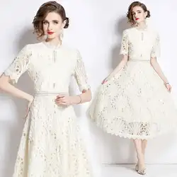Designer Runway Summer White Flower Embroidery Evening Dress Women Short Sleeve Sexy Hollow Out Waist Long Vestidos Lace Dresses