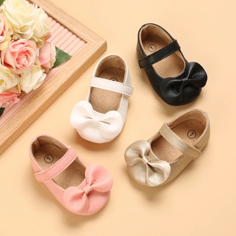 Solid color PU leather girl princess bow flat shoes with anti slip rubber sole walking 0-18M newborn baby dress shoes