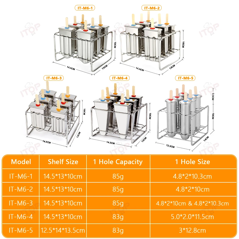 ITOP แม่พิมพ์ไอศกรีมทำจากสแตนเลสสตีลแม่พิมพ์ไอศกรีมแท่งสำหรับการค้าแบบทำมือ6ชิ้น