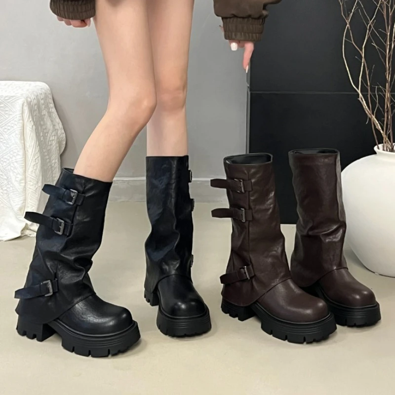 Women Platform Chunky Heel Mid Calf Boots Buckle Strap Pleated Faux Leather Shoes Casual Autumn Thick Sole Motorcycle Boots