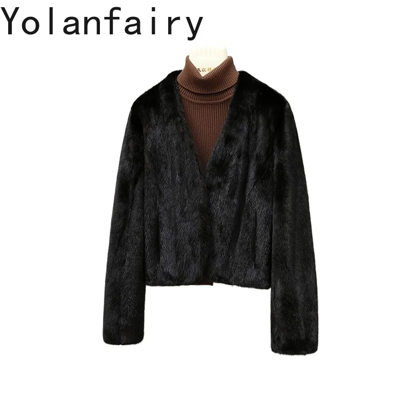 

YOLANFAIRY Real Mink Fur Coat Woman 2025 Winter Ultra Short Natural Fur Jacket Women Fashion V-neck Black Fur Coats Outerwears