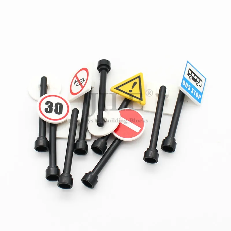 12 Sets City Series Traffic Road Sign Light Lamp Block Brick Street View Accessories Signpost Speed Limit Indicator Warning