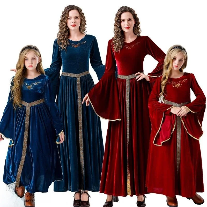 ชุดคอสตูมวินเทจสำหรับแม่ลูกในวันฮาโลวีน ชุดคู่แม่ลูกสไตล์ชาติพันธุ์สำหรับผู้หญิง