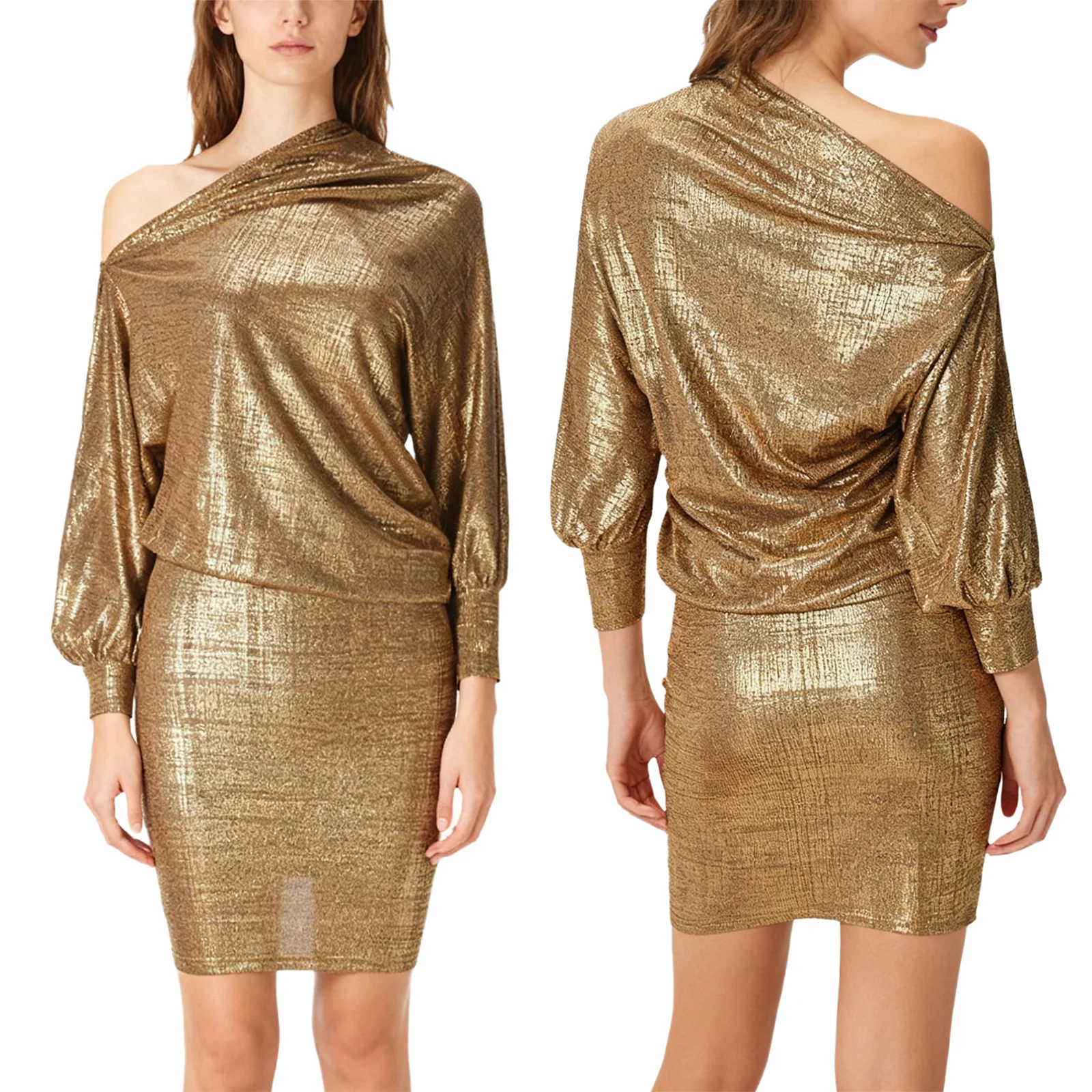 女性用光沢のあるメタリックプルオーバーボディコンドレス、宴会、結婚式、パーティー、レイブ、オフショルダー、長袖、ナチュラルドレープミニドレス