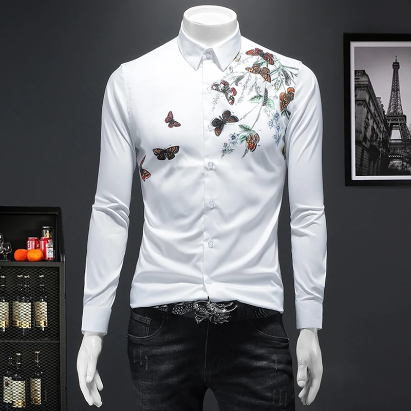 

2022 Autumn New Butterfly Diamond-Ironing Print Long Sleeve Shirt Men's Fashion Casual Trendy Social Slim Fit Top