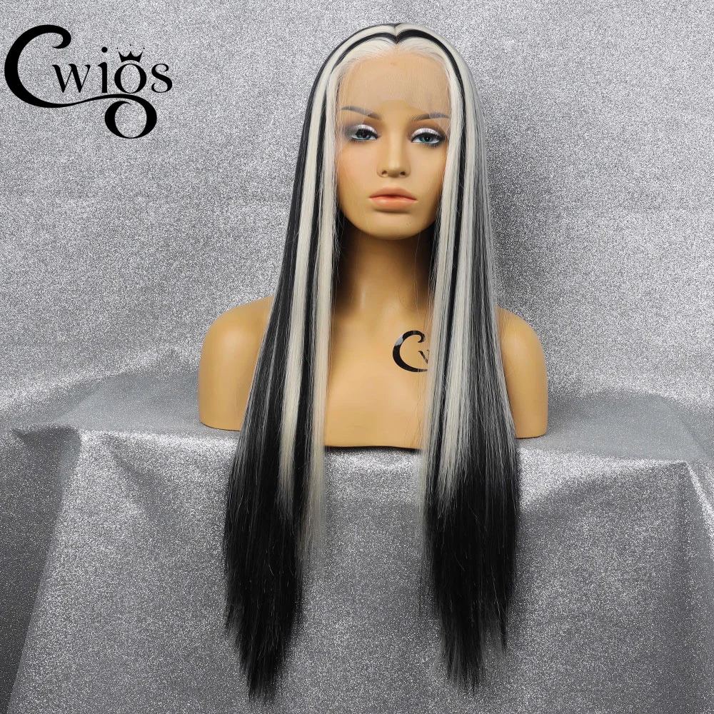 Cwig Highlight Black Blonde Colored HD Swiss Transparent 13*4 Free Part High Quality Synthetic Lace Front Wigs for Daily Cosplay