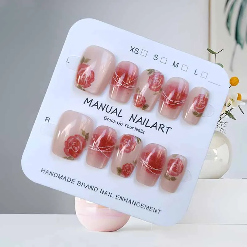 10 pezzi stile francese plaid fiore rosa occhio di gatto stampa sulle unghie griglia di ciliegio toppe per unghie staccabili adesivo per manicure patch per unghie finte