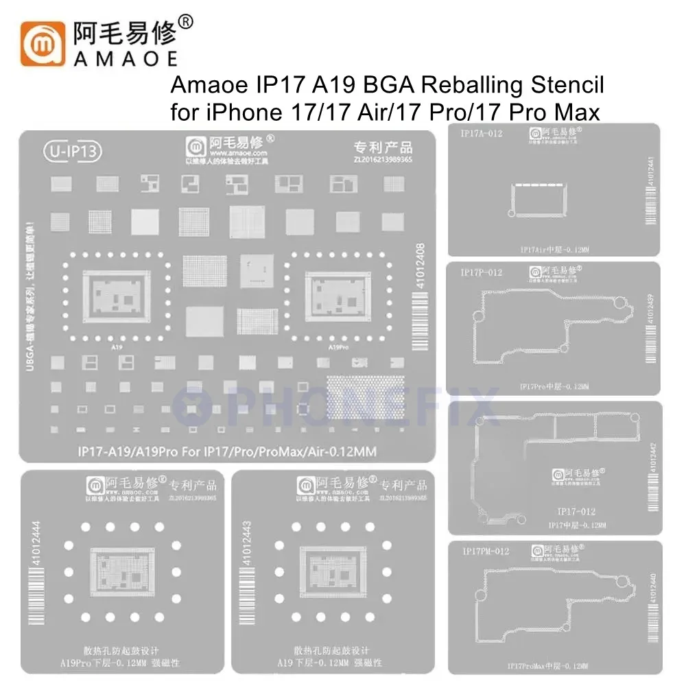 

Amaoe IP17 A19/ PRO BGA Reballing Stencil for IPhone 17/17 Pro/ Max/Air Middle /Lower Layer CPU Repair Soldering Steel Mesh Tool