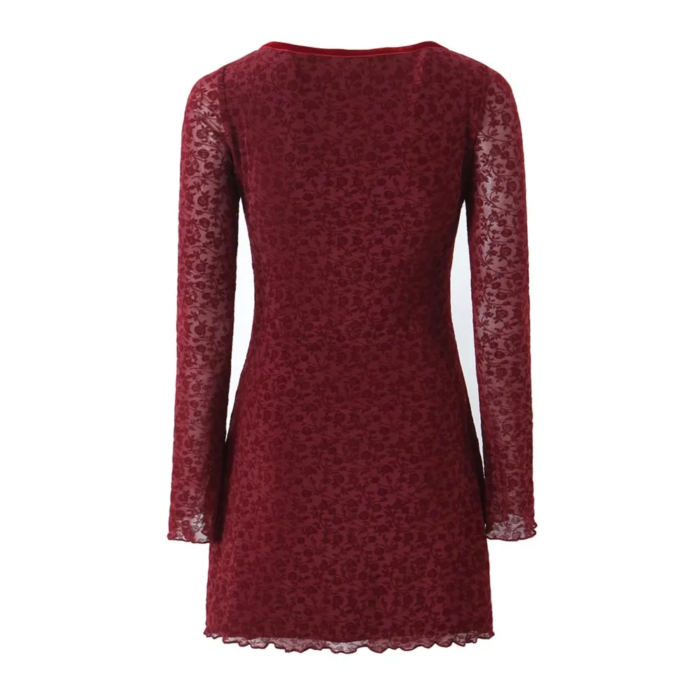 Sexy Wine red Flocking Flower Mesh Flare Sleeve Dress Woman Bow Square neck Package Hips A-line Mini Party Robe Bodycon